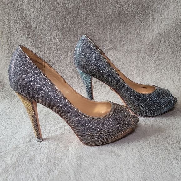 Badgley Mischka Humbie IV Gold Pewter peep toe heels size 7.5 - Picture 4 of 12